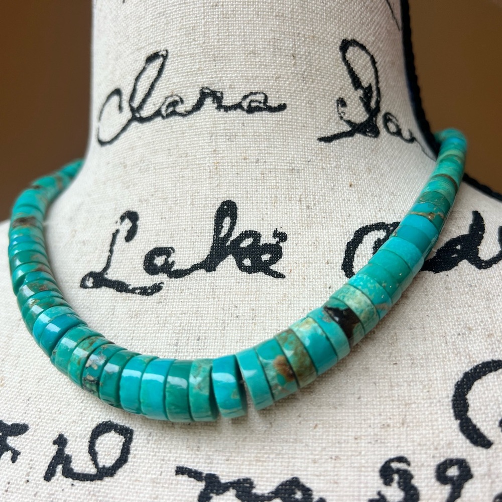 Blue Turquoise Heishi Stabilized Graduated Navajo Sterling Silver Necklace
